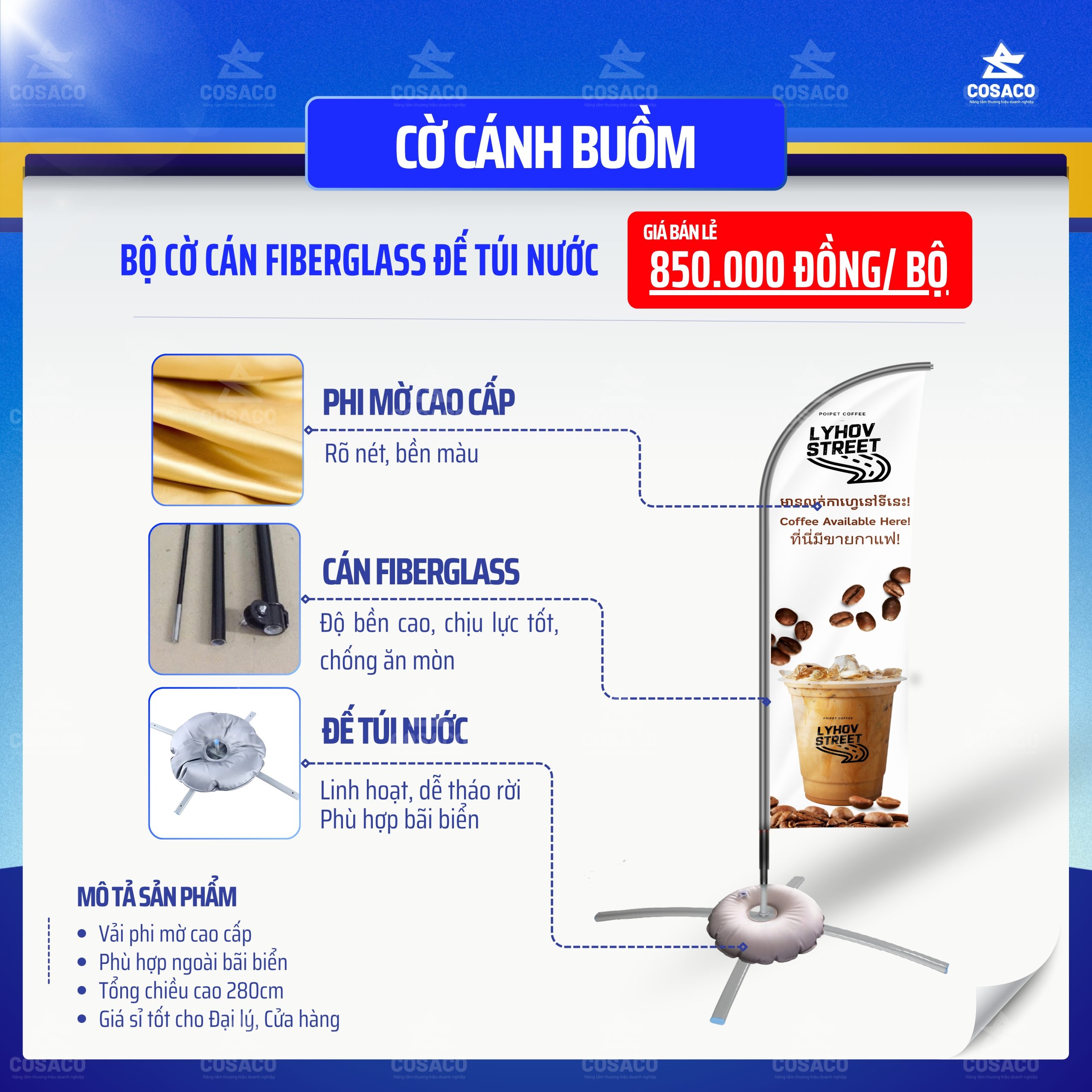 CỜ CÁNH BUỒM - CÁN FIBERGLASS - TÚI NƯỚC