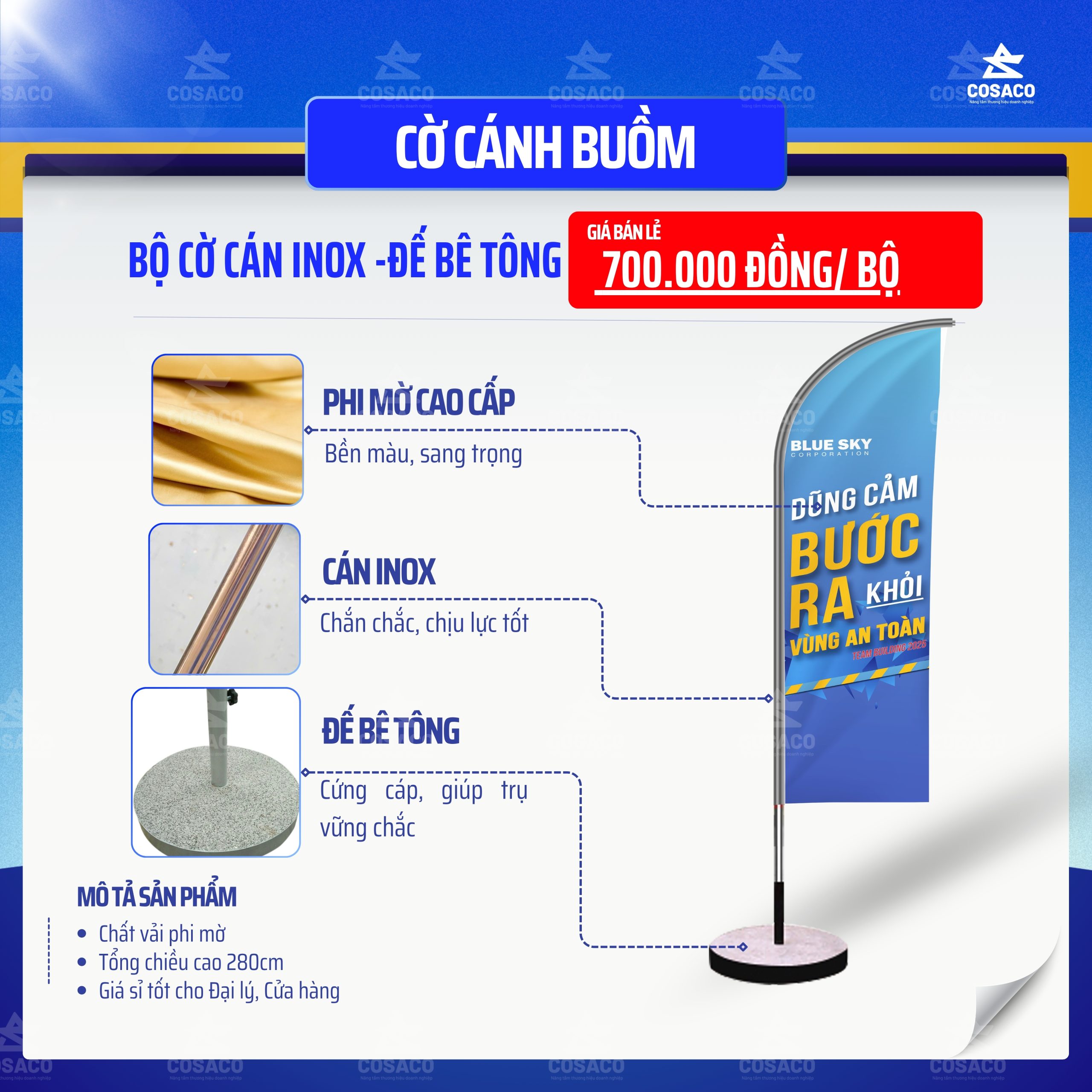 CỜ CÁNH BUỒM - CÁN INOX - ĐẾ BÊ TÔNG